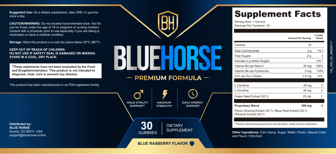 Blue Horse supplement facts label with ingredients and serving information